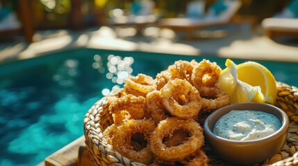 Fototapeta premium Of a Crispy calamari rings with tartar sauce and lemon wedges, served on a woven tray near a turquoise resort pool