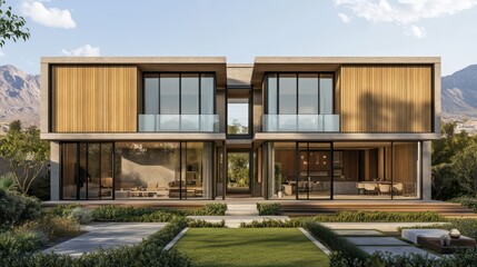 3D rendering of a modern two-story house with warm wooden cladding and sleek steel and concrete details