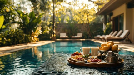 Obraz premium Of a Elegant resort pool with floating breakfast tray, tropical fruits, and a serene morning atmosphere