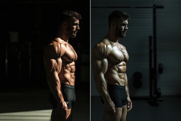 Transformation journey highlighting fitness progress in gym setting in Saint Petersburg with dramatic lighting and confidence boost Generative AI