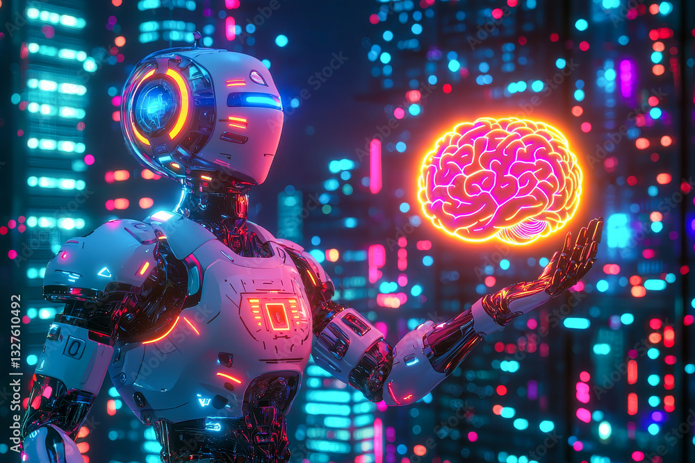 Poster a futuristic humanoid robot with glowing cybernetic features holds a neon holographic brain in a hig