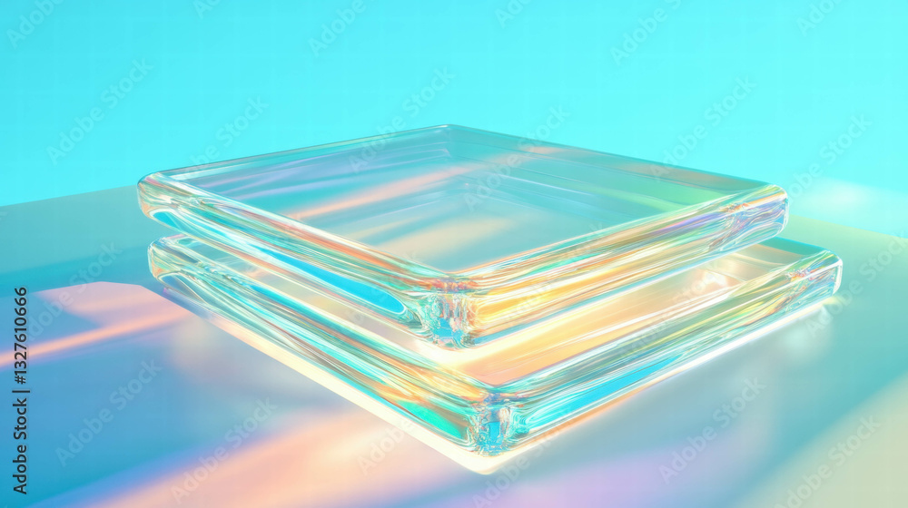 Poster abstract design with glassy podium reflecting light for modern display concepts