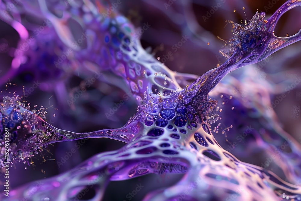 Poster a microscopic image of a nerve cell, illuminated with a vibrant purple hue, revealing its intricate 