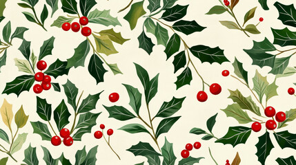 Christmas decorative leaves holly and branches with red berries evergreen winter flower floral plant seamless pattern background vector illustration