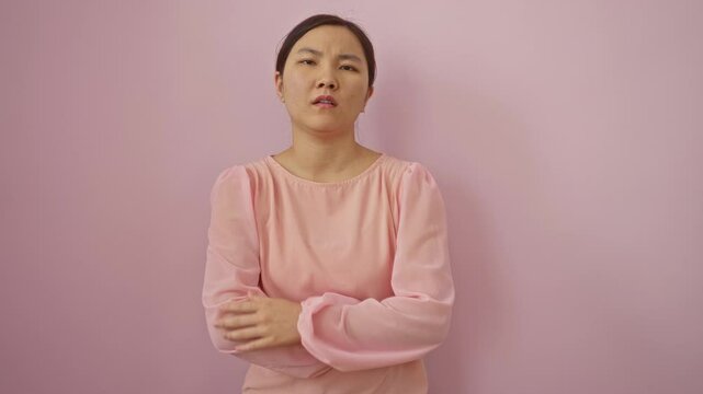 Young chinese woman with skeptic and nervous expression standing with crossed arms over pink isolated background, showing disapproving face and negative emotion