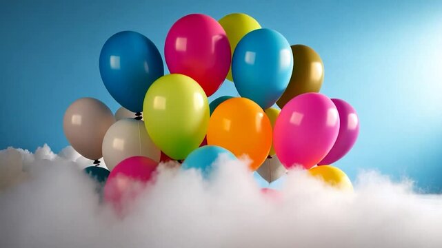 Colorful balloons of various sizes and hues float above a misty surface against a blue backdrop