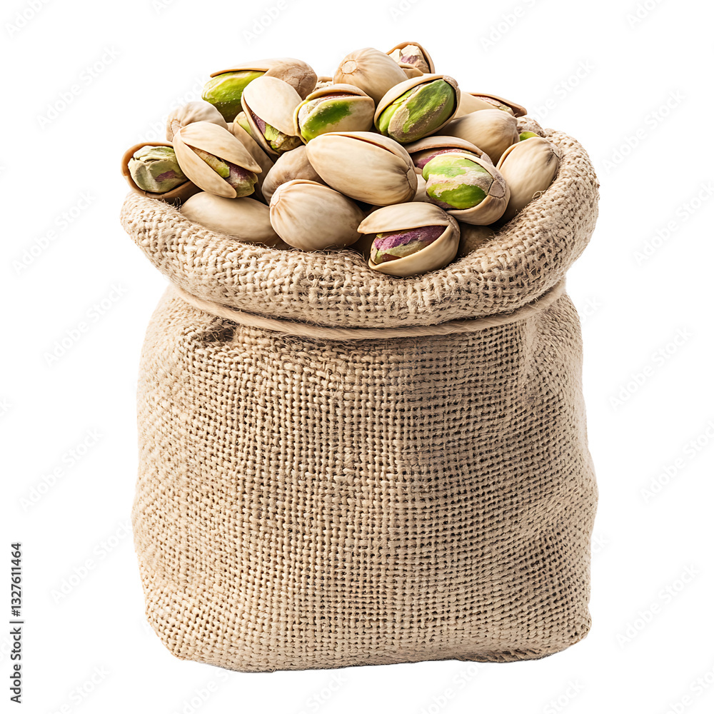 Poster full burlap sack of pistachios, some in shells and some cracked open. the nuts are a beige color wit
