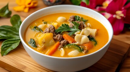 Delight in a vibrant bowl of Haitian soup joumou featuring beef, vegetables, and pasta, beautifully styled on a wooden table with tropical flowers