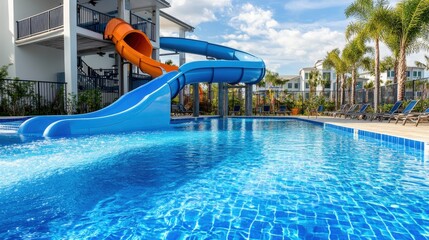 Of a Family-friendly resort pool with a fun water slide, bright blue tiles, and shaded lounging areas