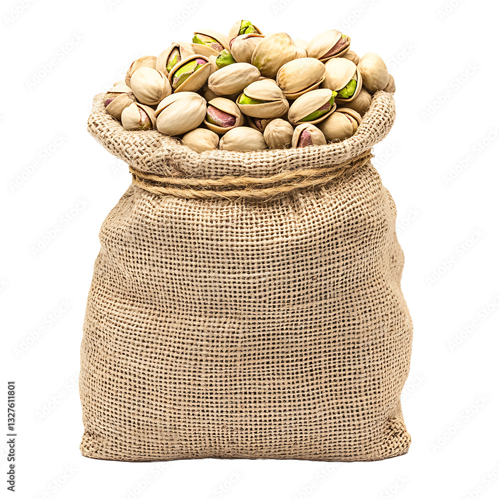 Poster burlap sack filled with open pistachios. rustic presentation of nutritious nuts. healthy snack optio