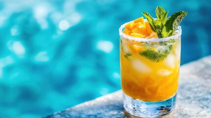 Fototapeta premium Of a Golden mango mojito with crushed mint leaves and a sugared rim, sitting on a glass-top table by a luxurious blue pool