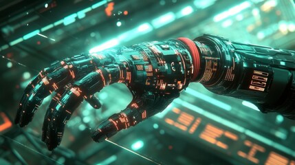 Naklejka premium Futuristic Robotic Hand Reaching Over Surface