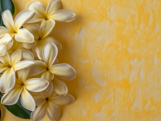 Fototapeta premium Softly lit yellow flowers with green leaves, set against a serene, golden background, crafting a tranquil and soothing atmosphere