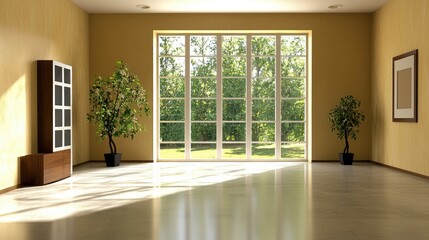 Fototapeta premium Empty modern room with earth-toned walls, microcement floor, and contemporary furniture.
