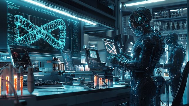 Ai driven quantum enhanced genetics lab modifying DNA superhuman abilities hyper detailed futuristic bioengineering breakthrough