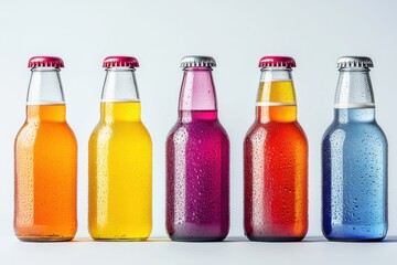 Colorful soda bottles lined up with sparkling droplets against a clean backdrop capturing a refreshing beverage display