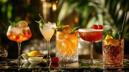 Of a Luxury cocktail set on a high-end resort bar, featuring expertly crafted drinks with tropical ingredients and elegant glassware