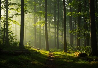 Obraz premium Serene Forest Path Golden Sunlight Beams. AI Generated