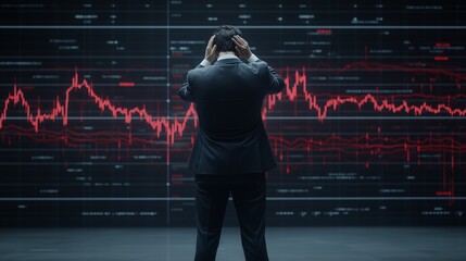 A businessman in a suit holding his head in frustration, standing in front of a massive stock chart with red declining lines, economic recession