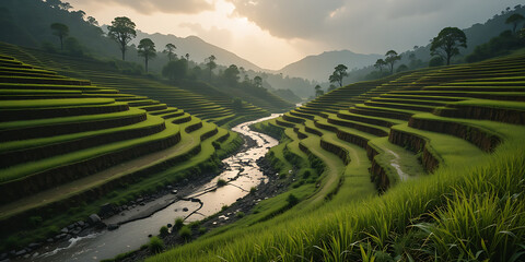 Naklejka premium A breathtaking landscape of lush green terraced rice fields stretching across rolling hills. A gentle river flows through the valley, with small waterfalls adding to the serene beauty. 