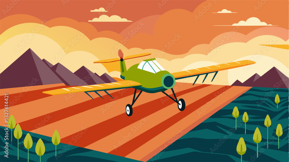 Poster the automated crop duster zooms over a rugged terrain avoiding obstacles with its advanced obstacle 