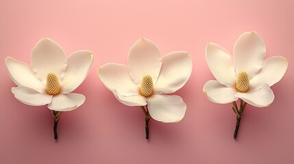 Obraz premium Three Magnolia Blossoms Pink Background Minimalist Design
