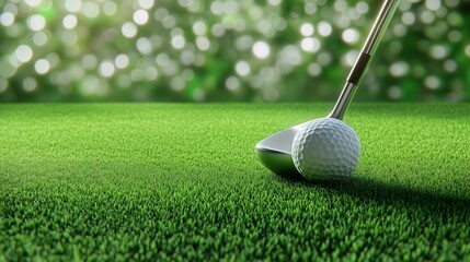 Side view close up of a golf club and golf ball on a perfect green grass