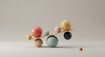 Obraz premium Pastel spheres delicately balance on wood. AI Generated