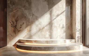 Minimalist podium with a marble texture, soft lighting, and a luxurious feel