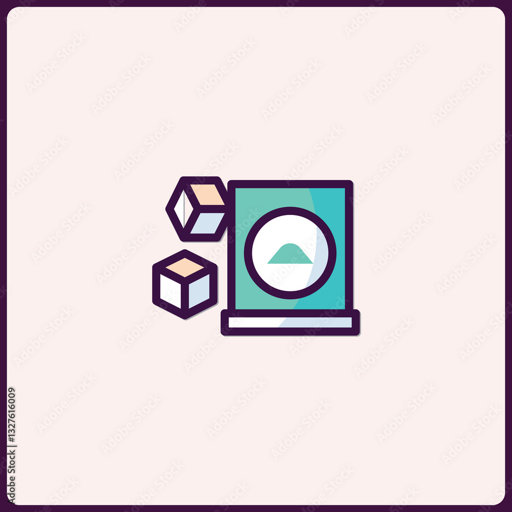 Poster stylized graphical representation showcasing two cubes and a device or screen
