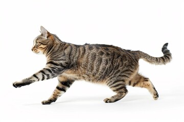 short leg tabby domestic cat running side walking isolated on white background