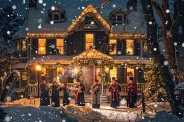 Obraz premium A group of carolers stand in front of a beautiful, snow-covered Victorian house, singing Christmas carols under a falling snow, A group of carolers singing in front of a beautifully decorated house