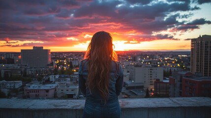 Woman Silhouetted Against Vibrant City Sunset