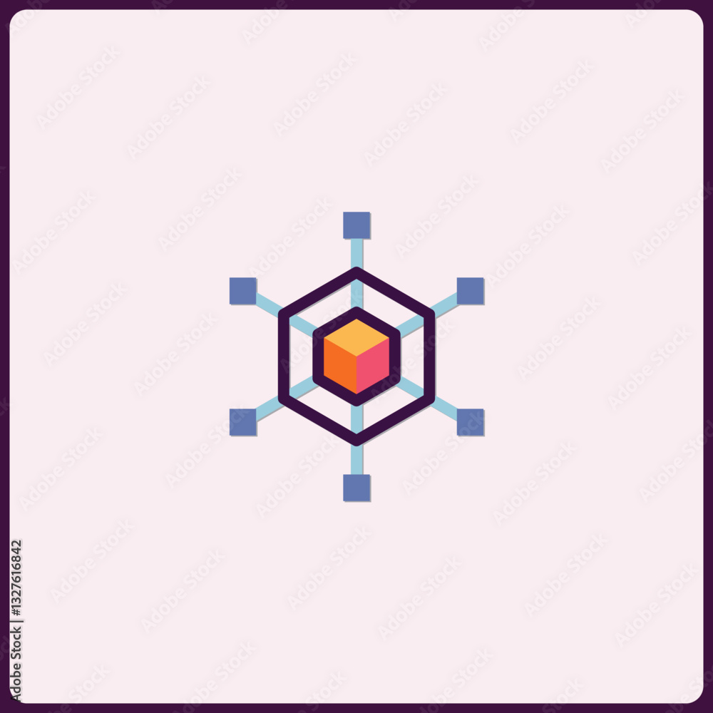 Poster abstract geometric data network with cube core and connected nodes icon