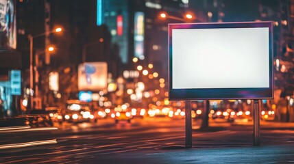 Of a Professional billboard mockup on a city street, with blurred car lights in the background for a dynamic effect