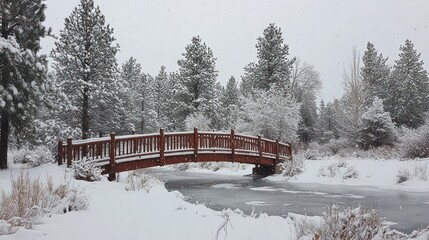 Wooden Bridge Snow Covered Winter Scene
