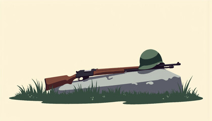 Rifle and helmet resting on rock with grass background