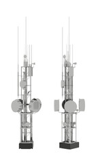 Two gray communication cell  towers with antennas and round panels. Digital rendering towers. PNG, transparent, isolated.