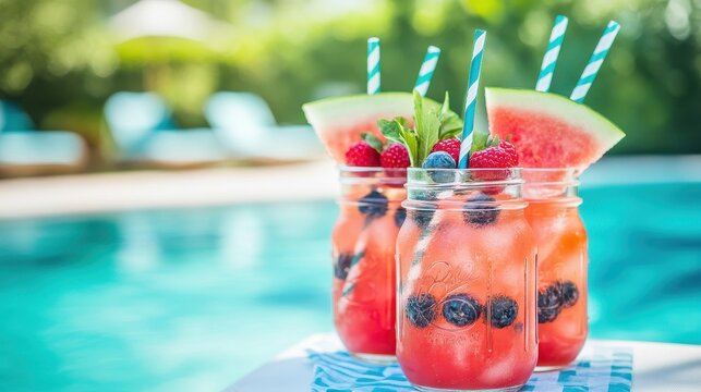 Of a Refreshing watermelon and berry cocktail selection, served in chilled mason jars with striped straws, near a serene resort pool