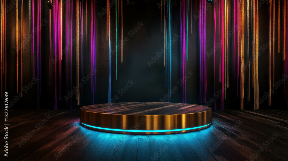Poster vibrant abstract stage design with illuminated podium for event display