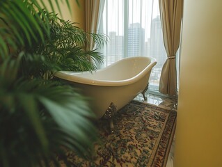 Luxury bathtub, window view of the city, in a modern home