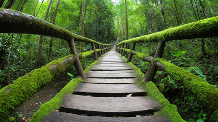 Obraz premium Mossy wooden walkway traversing lush tropical rainforest, revealing verdant landscape with mysterious, serene pathway through dense greenery