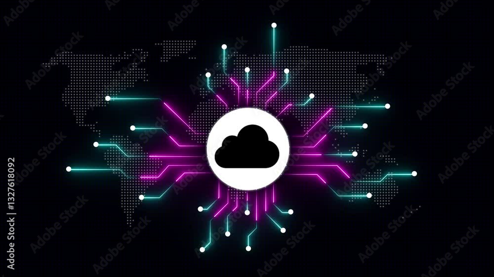 Poster electronic circuit board with computing cloud icon. moving electronic circuit animation on black bac