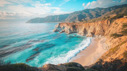 Obraz premium Of a Scenic cliffside beach with soft golden sand and powerful ocean waves crashing against the rocks