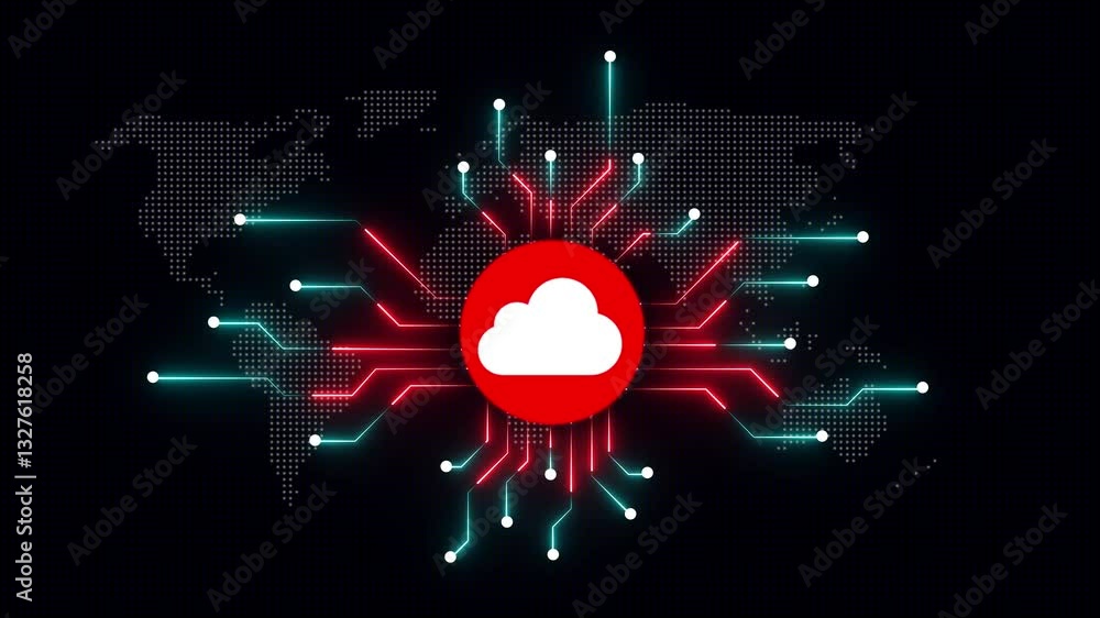 Poster electronic circuit board with computing cloud icon. moving electronic circuit animation on black bac