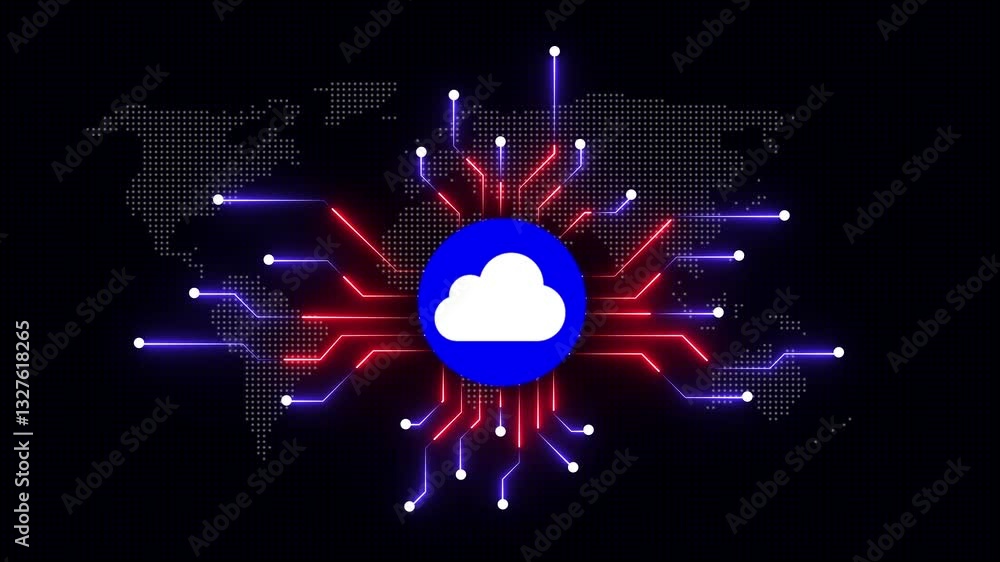 Poster electronic circuit board with computing cloud icon. moving electronic circuit animation on black bac