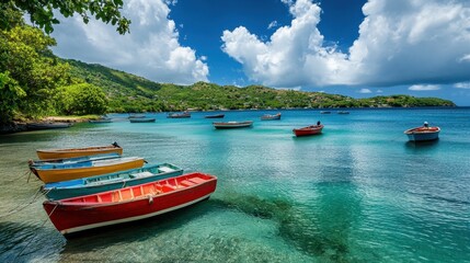 Fototapeta premium Of a Scenic tropical bay with colorful boats floating on glassy blue water under a bright sky