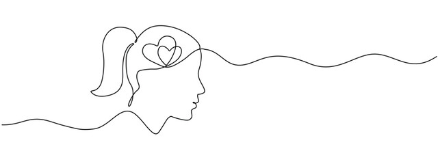 Continuous for one linear drawings of a female head with two hearts inside. Contour One Line illustration of good mental health, concept -emotional connection, love vector editing illustration