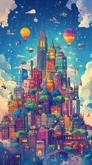 Obraz premium A colorful fantasy city with vehicles floating through the night sky