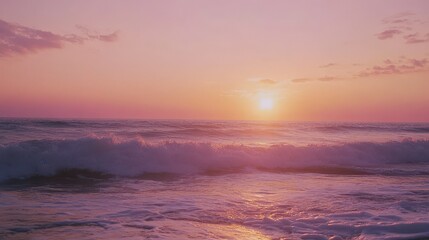 Obraz premium Of a Serene beach sunset with gentle ocean waves and soft pink, orange, and purple hues in the sky